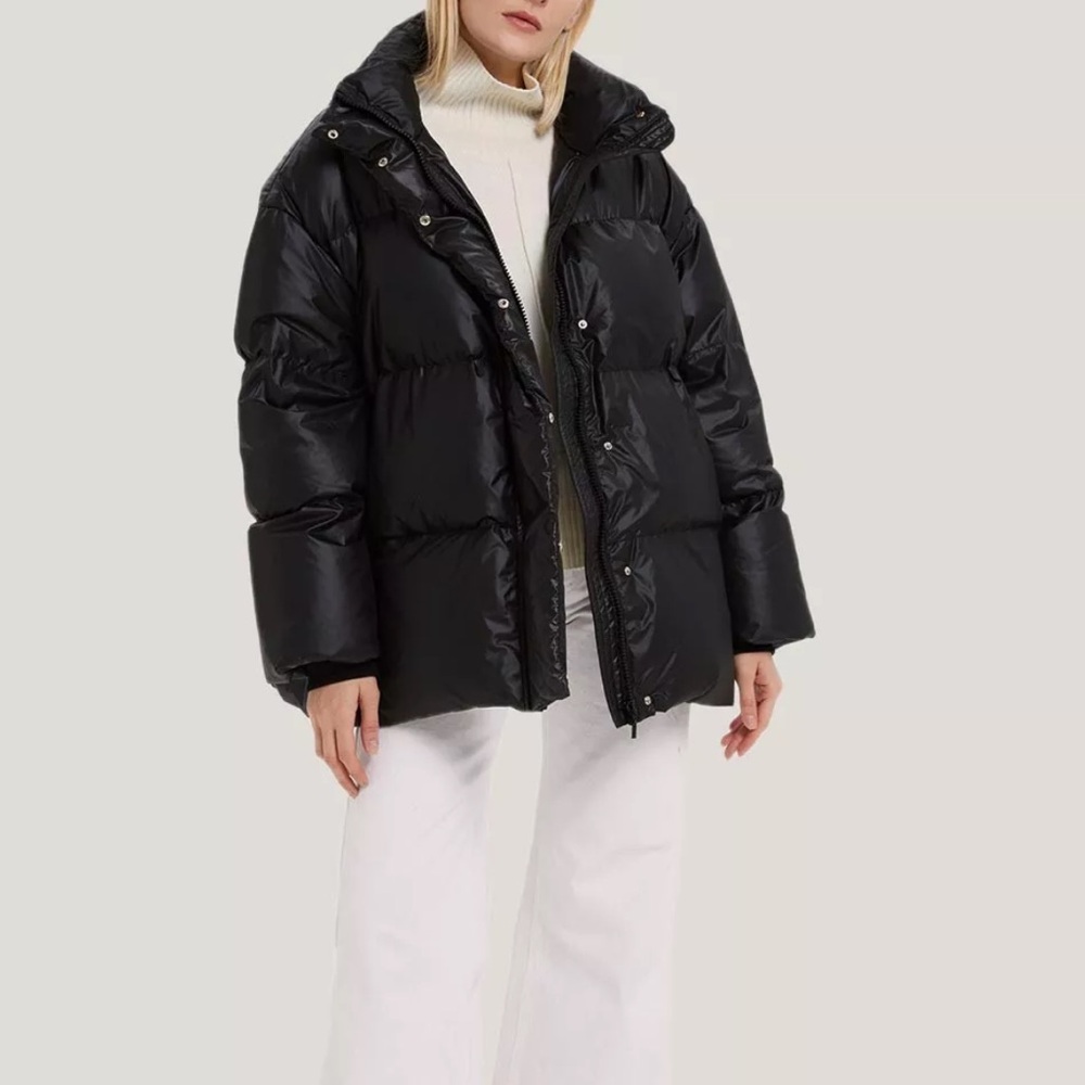 Gentle Herd‎ High-Neck Puffer Jacket Black Size Medium Vegan Leather